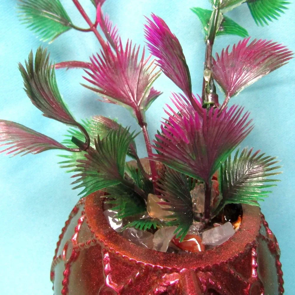 Aquarium Decoration - Copper Red Ball with Gemstones and Colorful Plant.